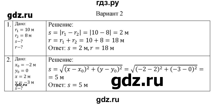 ГДЗ по физике 10 класс Ерюткин самостоятельные и контрольные работы (Мякишев) Базовый и углубленный уровень механика / кинематика / СР-1. вариант - 2, Решебник
